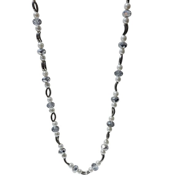 Elegant Handcrafted Silver Tone Faux Pearl  Faceted Bead Necklace Fashion Women - Picture 1 of 6